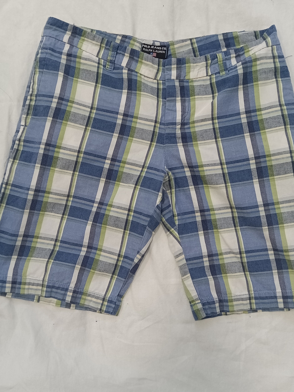 Polo by Ralph Lauren Blue and Green Plaid Flat-Front Cotton Shorts